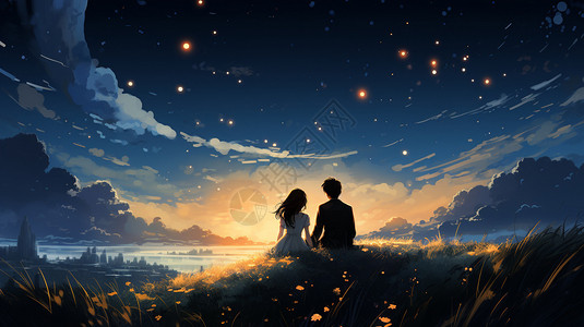 星光满天夜晚草地上的情侣图片