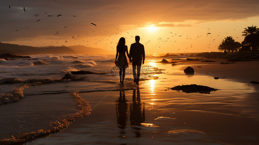 日落时海滩牵手散步的情侣图片