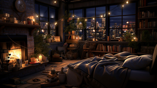 温暖的卧室夜晚温馨的城市公寓装潢设计图片