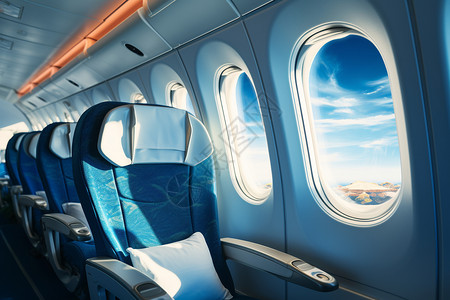 航空公司蓝色机舱里的豪华座椅背景