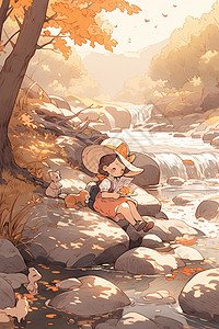 河中石头上的女孩背景图片