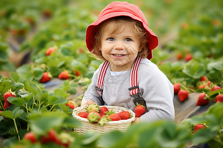 采摘草莓的小孩图片
