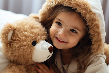 戴着帽子的女孩和她的玩具小熊背景图片