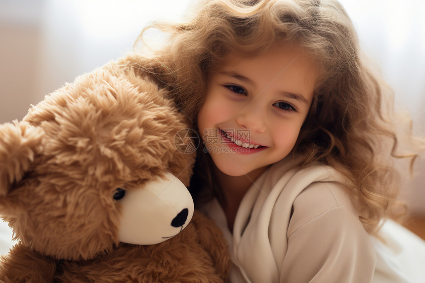 一个小女孩拥抱着她的泰迪熊图片