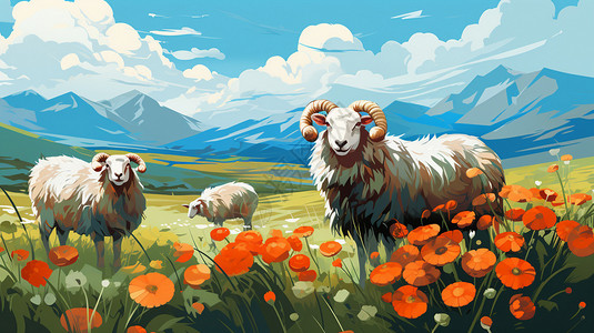 草原上绵羊们草原上的绵羊插画