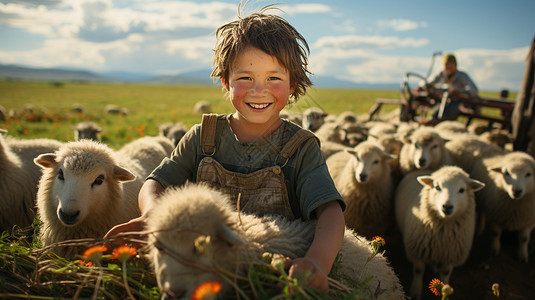 草原上放牧的孩子图片