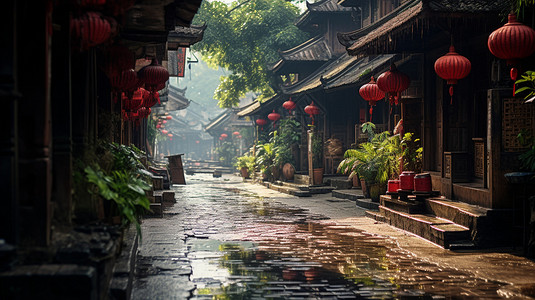 雨后的古镇街道背景图片