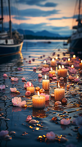水面上点燃的蜡烛图片