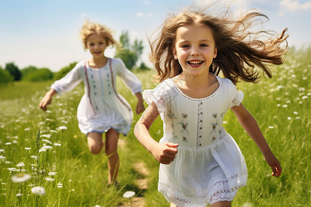 麦子地中的女孩女孩在绿草地中奔跑背景