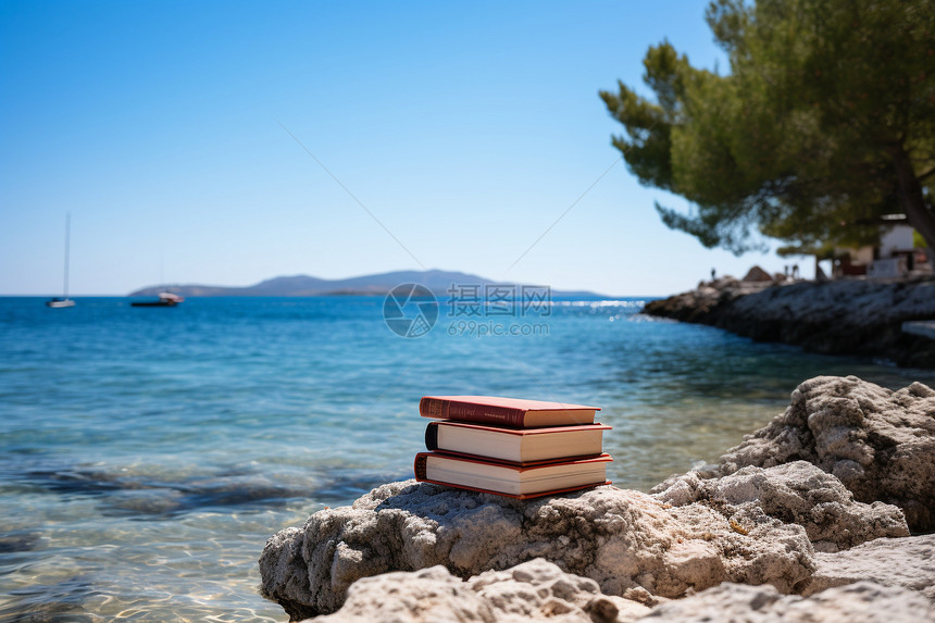 带着书本在海边旅行图片