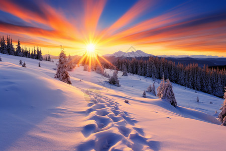 雪地的日出景色图片
