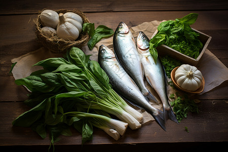 新鲜的食材菠菜淡水鱼图片素材
