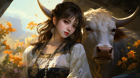 女孩和牛背景图片