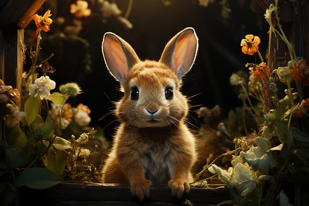 工笔花卉动物花丛里的可爱野兔设计图片