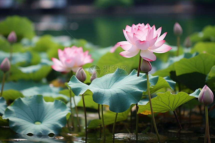 花园池塘中盛开的莲花图片