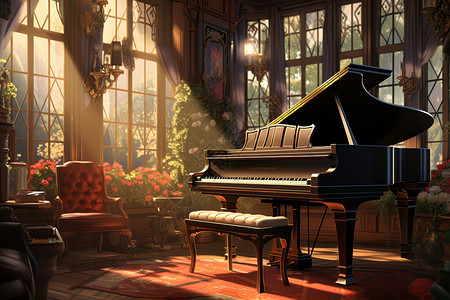 古典钢琴日光下的钢琴插画