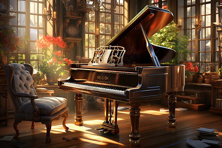 阳光照射的钢琴背景图片