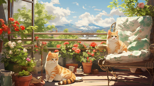午后阳台慵懒小猫插画