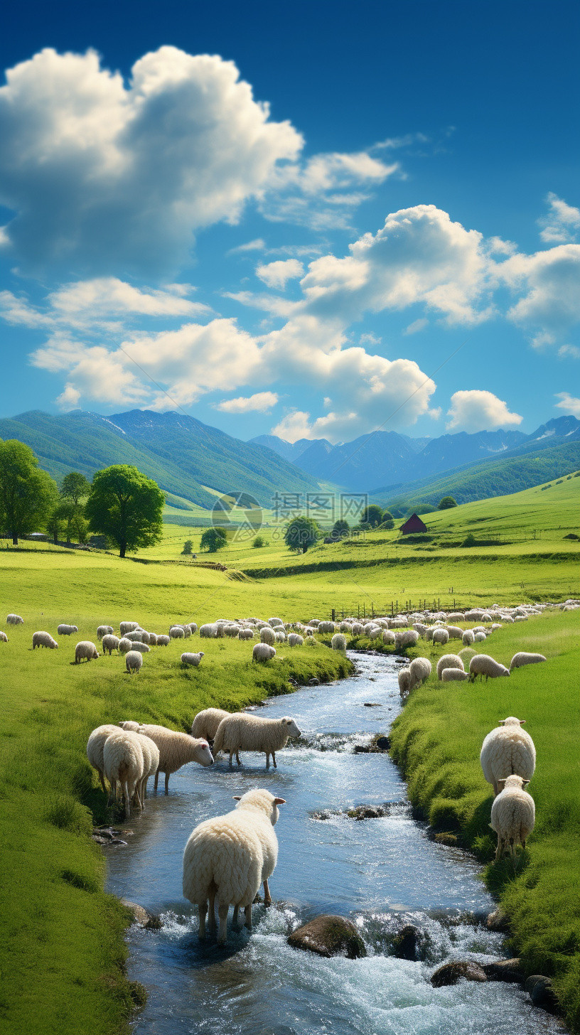 小溪里的羊群图片