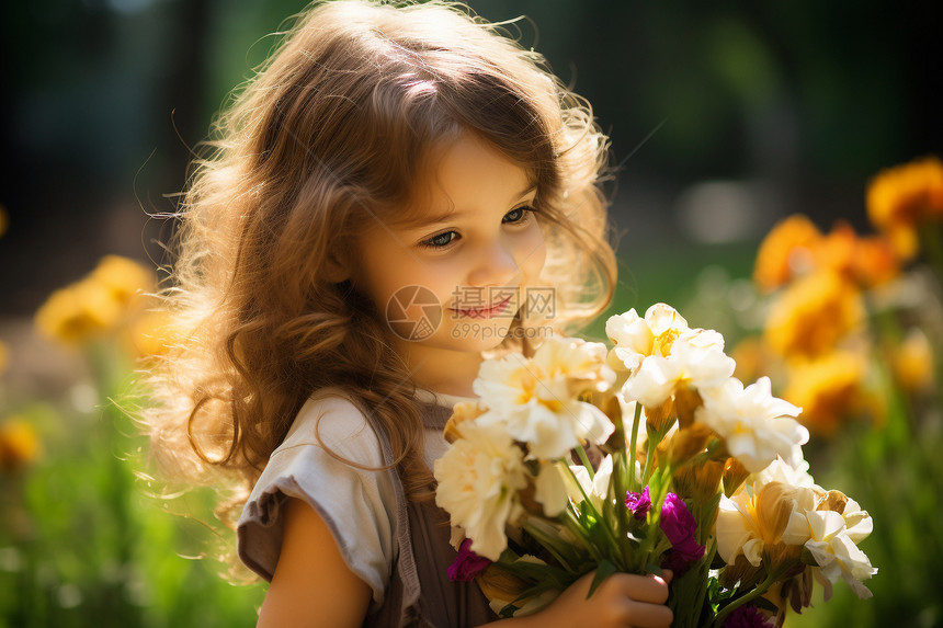 公园中采花的小女孩图片