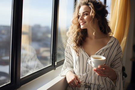 窗前喝咖啡的女子图片