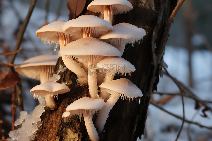冬季树干上的野生蘑菇图片