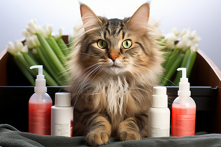 洗护用品旁可爱的小猫背景图片