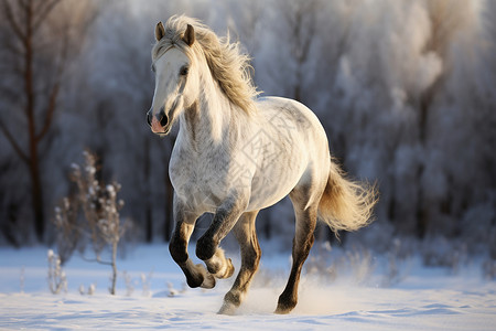 雪地里奔腾的白马背景图片