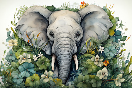 花丛中可爱的小象插画图片