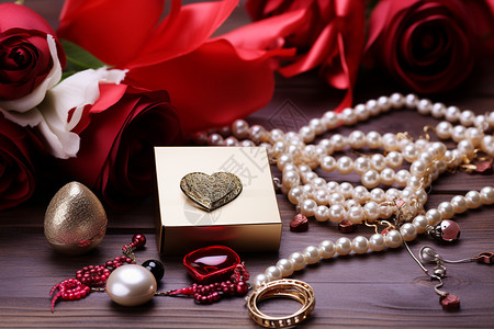 戒指和礼盒桌子上的珠宝装饰背景