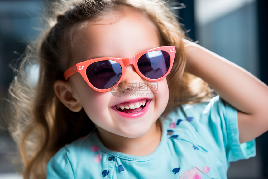笑容灿烂的小女孩戴着粉色墨镜图片