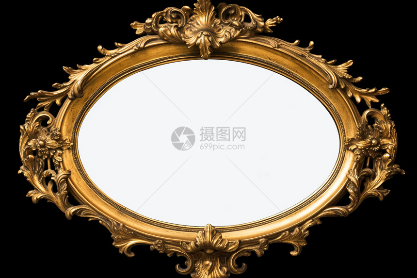 金色边框的镜子在黑色背景上图片