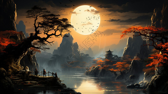月夜美丽的山水风景背景图片