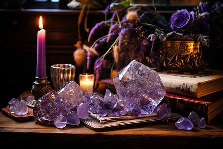 桌子上的塔罗牌紫水晶图片