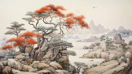 迎宾台山间迎宾松风景水墨画插画