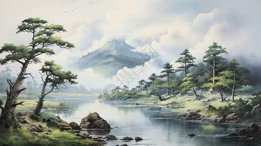 迎宾台古风山间风水水墨画插画