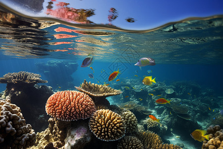 清澈海水中的鱼群和珊瑚群图片