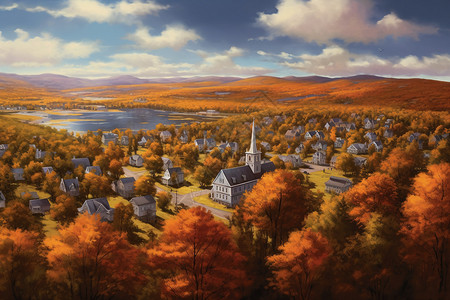 艺术创意的秋天色小镇插图背景图片