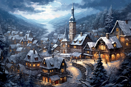冬季神奇的小镇景观背景图片