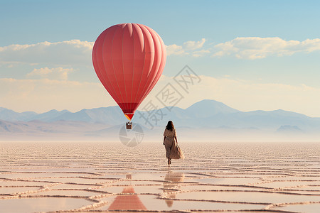 热气球和女孩沙漠中的热气球和女人背景