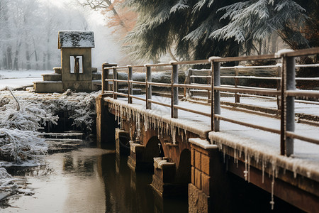 流水冻成冰柱冬日雪景中的小桥背景