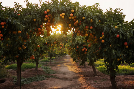 阳光下成熟的桃树图片