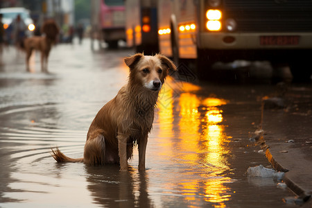 下雨天街道坐在水中的流浪狗背景