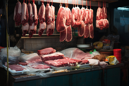 售卖新鲜猪肉的摊位卖肉高清图片素材