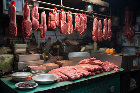 农贸市场卖肉的摊位背景图片