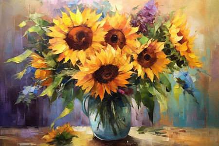 印象派油画的向日葵花束背景图片