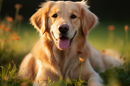 户外草地上的金毛犬背景图片