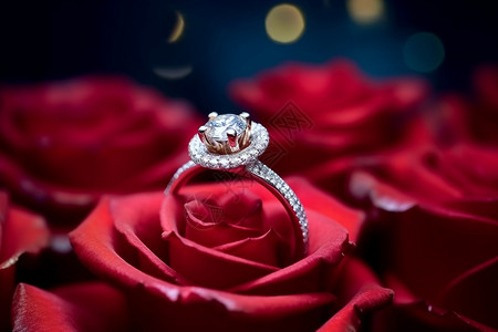 玫瑰花上的钻石戒指图片
