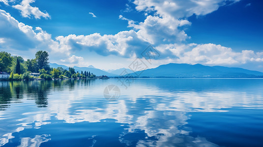 蓝天下平静的湖泊晴朗高清图片素材