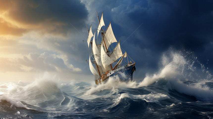 巨浪中航行的帆船图片
